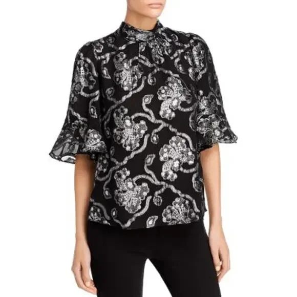 NWT Rebecca Taylor Women's Flutter Sleeve Silk Blend Metallic Top Black Size 0